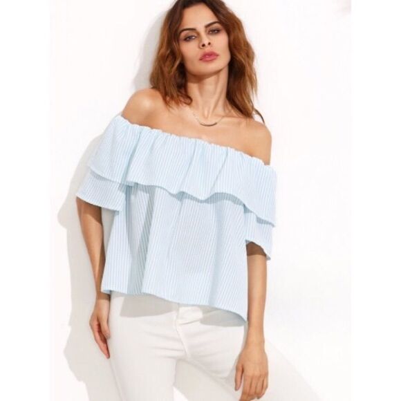 ✨Blue Striped Off The Shoulder Ruffle Blouse
✨ - Picture 2 of 4